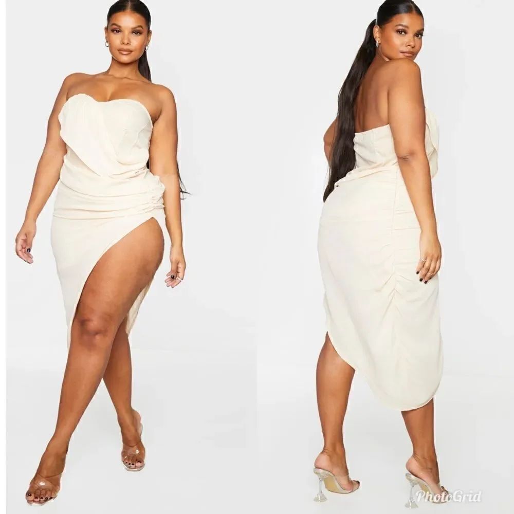 PrettyLittleThing Plus Nude Cup Detail Chiffon Drape Bodycon Dress